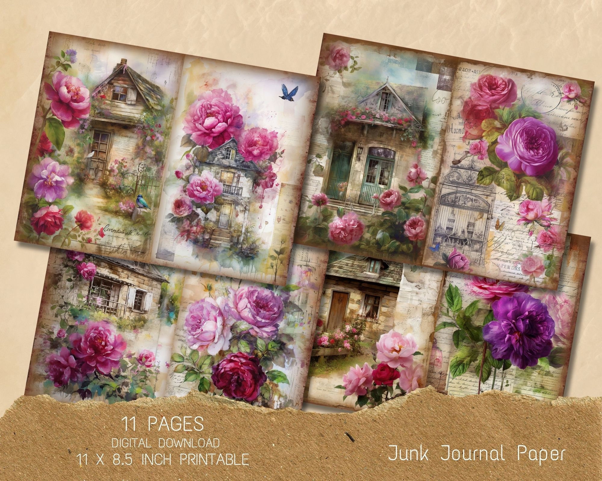 Vintage Cottage House Junk Journal Pages, Flower Junk Journal Kit, Junk ...
