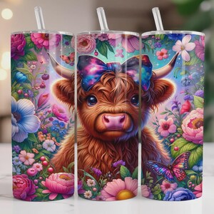 Highland Cow Tumbler Wrap, 20oz Skinny Sublimation Tumbler Design, Baby Highland Cow Sublimation Design Png, Floral Tumbler Png Download