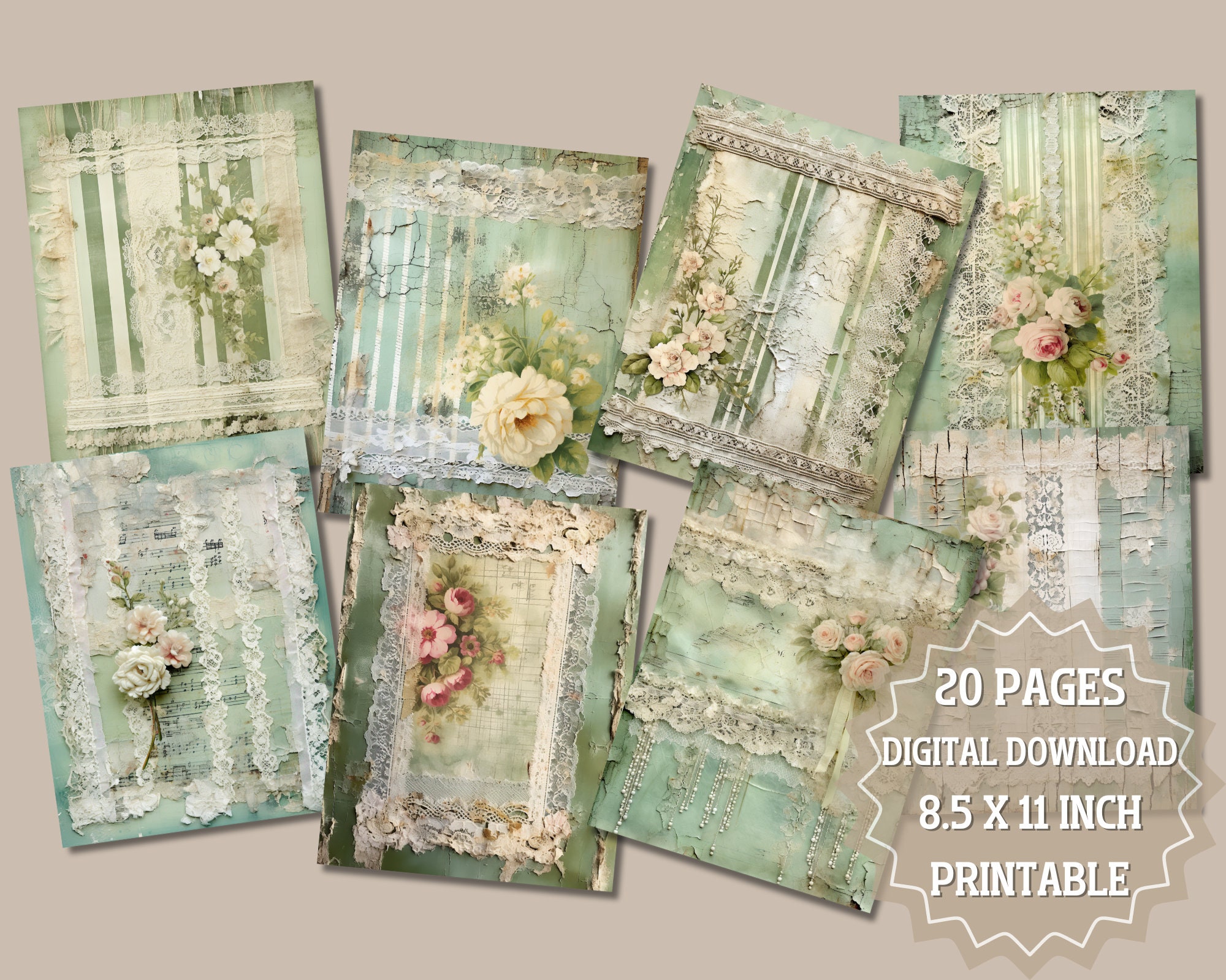 Vintage Lace and Shabby Chic Flowers Junk Journal Pages, Green Floral ...