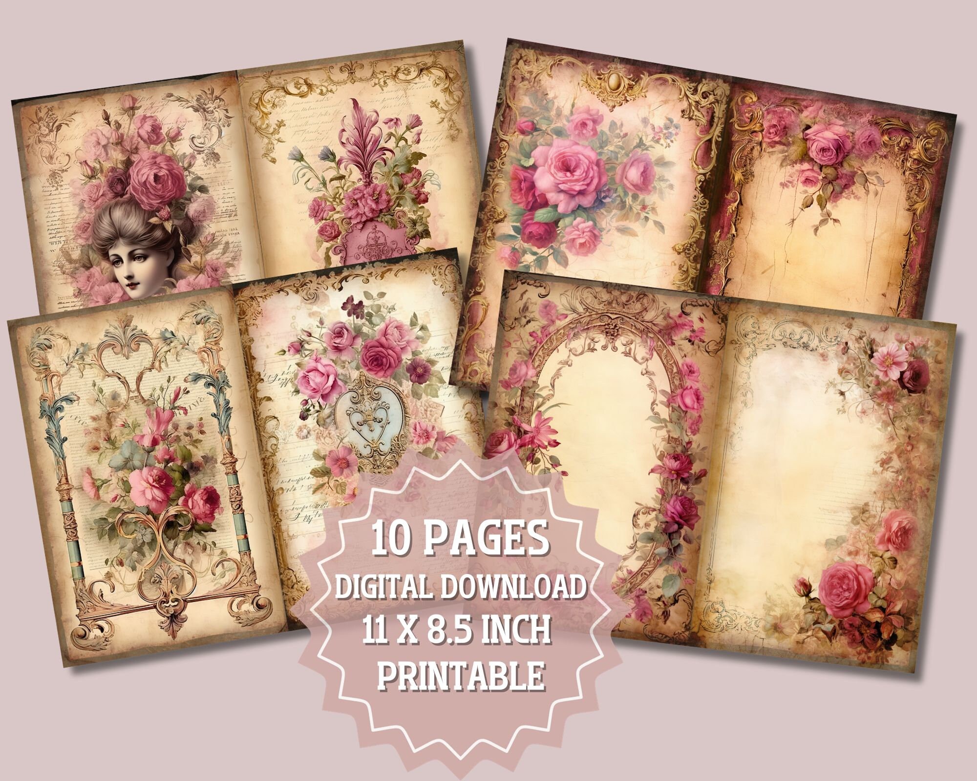 Victorian Rose Junk Journal Pages,vintage Rose Digital Scrapbook Paper ...