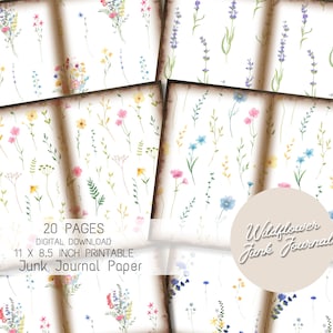 Strony dziennika Wildflower Junk, cyfrowy arkusz kolażu, zestaw do scrapbookingu do wydrukowania, stare pamiątki, akwarelowe wiosenne pobieranie, papier kwiatowy