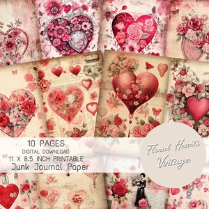 Floral Hearts Letter Junk Journal Kit Vintage Love  Digital Paper for Scrapbooking Vintage Valentine Flowers Ephemera heart Journal Page