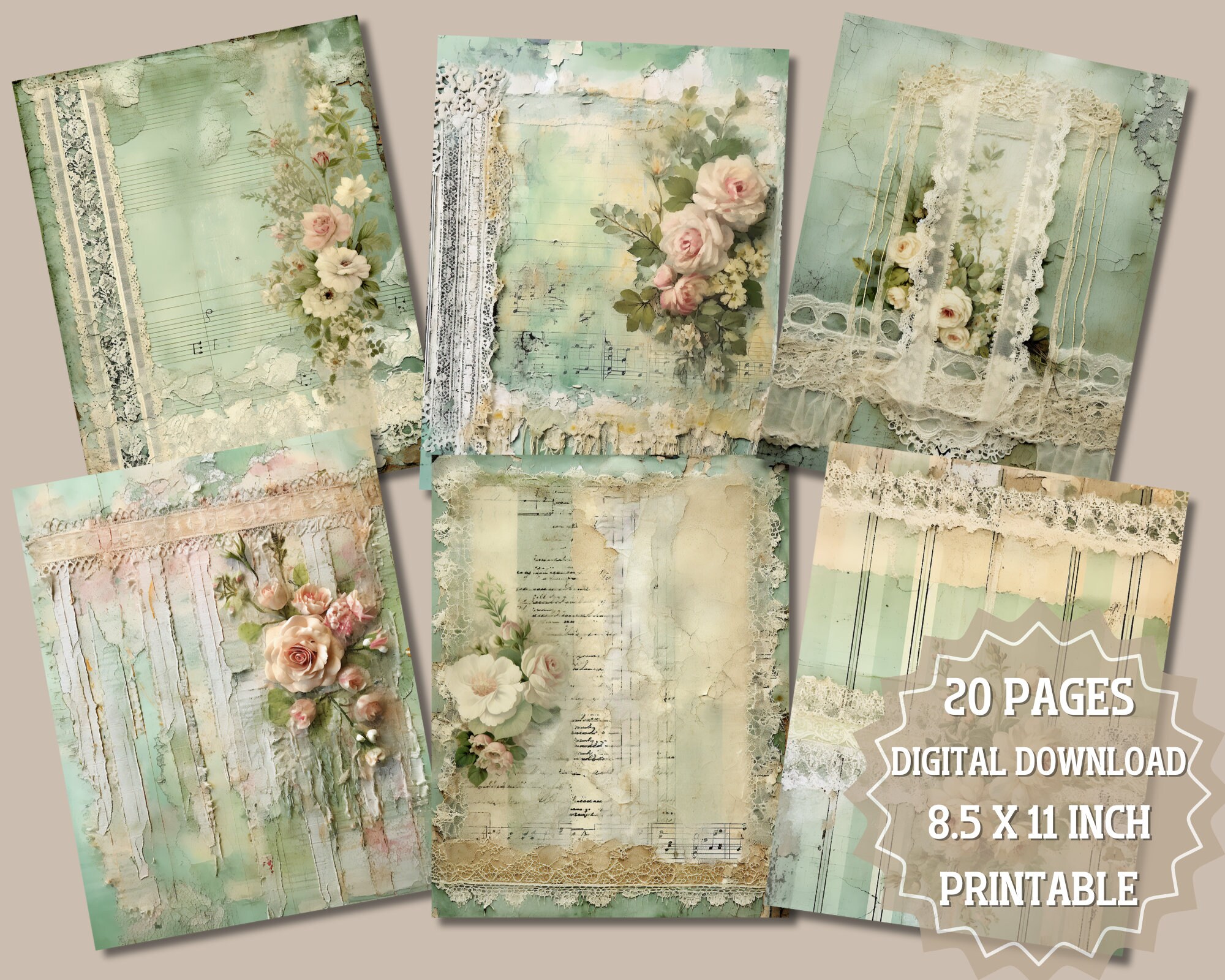 Vintage Lace and Shabby Chic Flowers Junk Journal Pages, Green Floral ...