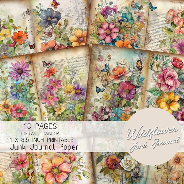 Wildflower Junk Journal Pages, Digital Collage Sheet, Printable Scrapbook Kit, Vintage Ephemera, Watercolor Spring Download, Flower Paper