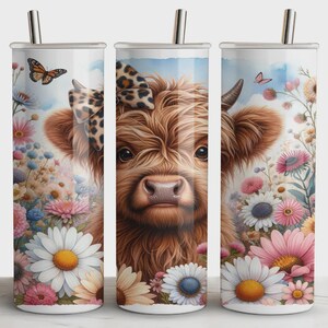 Spring Highland Cow Tumbler Wrap, 20oz Skinny Sublimation Tumbler Design, Highland Cow Sublimation Design Png, Floral Tumbler Png Download