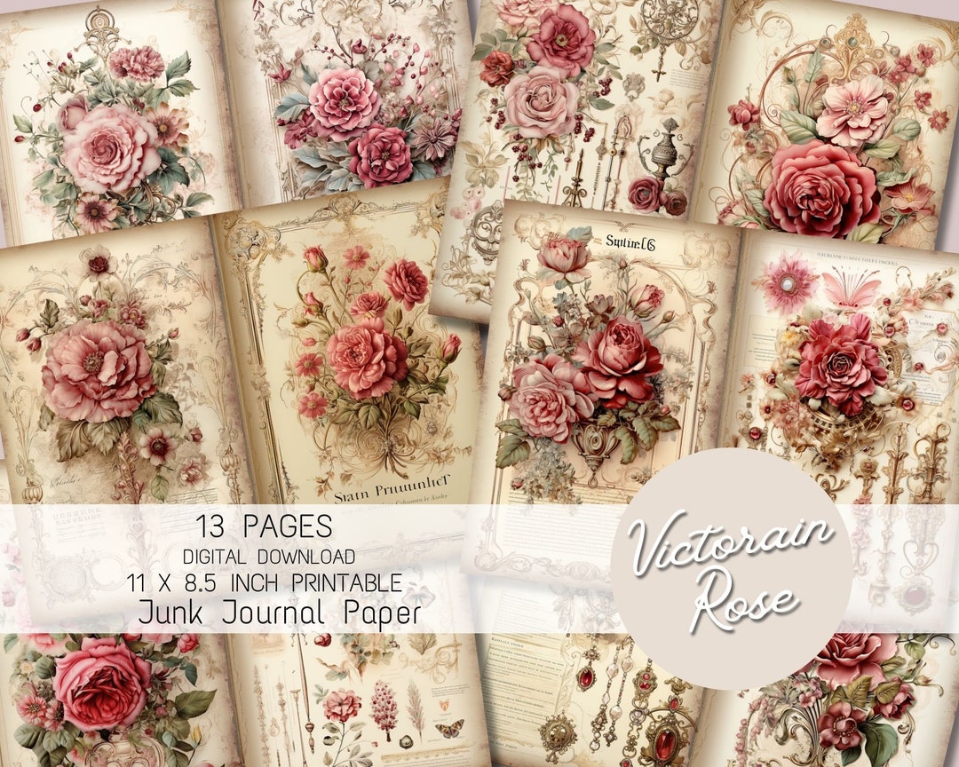 Victorian Rose Junk Journal Pages,vintage Rose Digital Scrapbook Paper ...