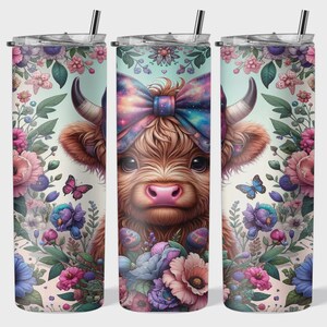 Highland Cow Tumbler Wrap, 20oz Skinny Sublimation Tumbler Design, Baby Highland Cow Sublimation Design Png, Floral Tumbler Png Download