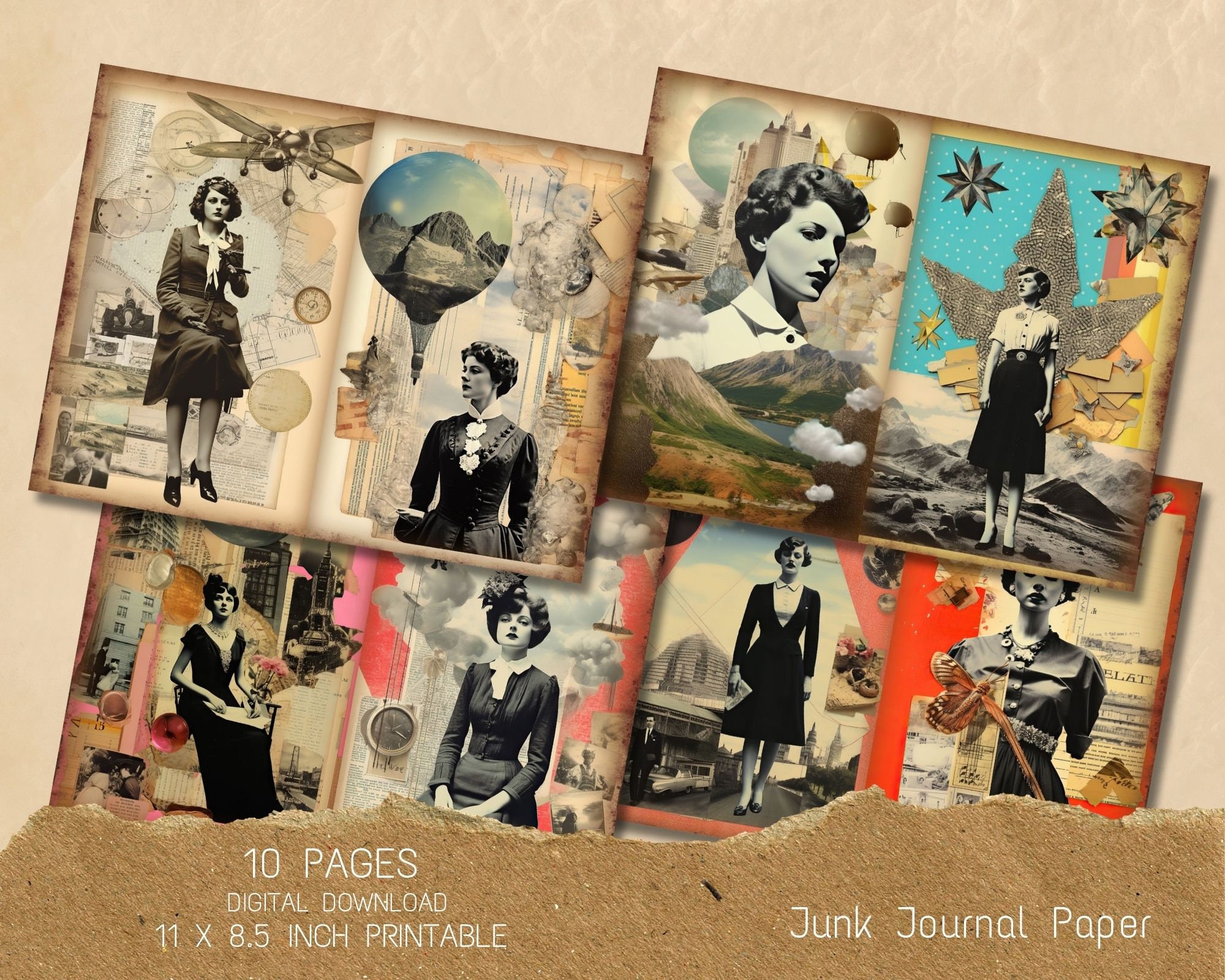 Collage Vintage Image Junk Journal Pages, Digital Scrapbook Paper Kit ...