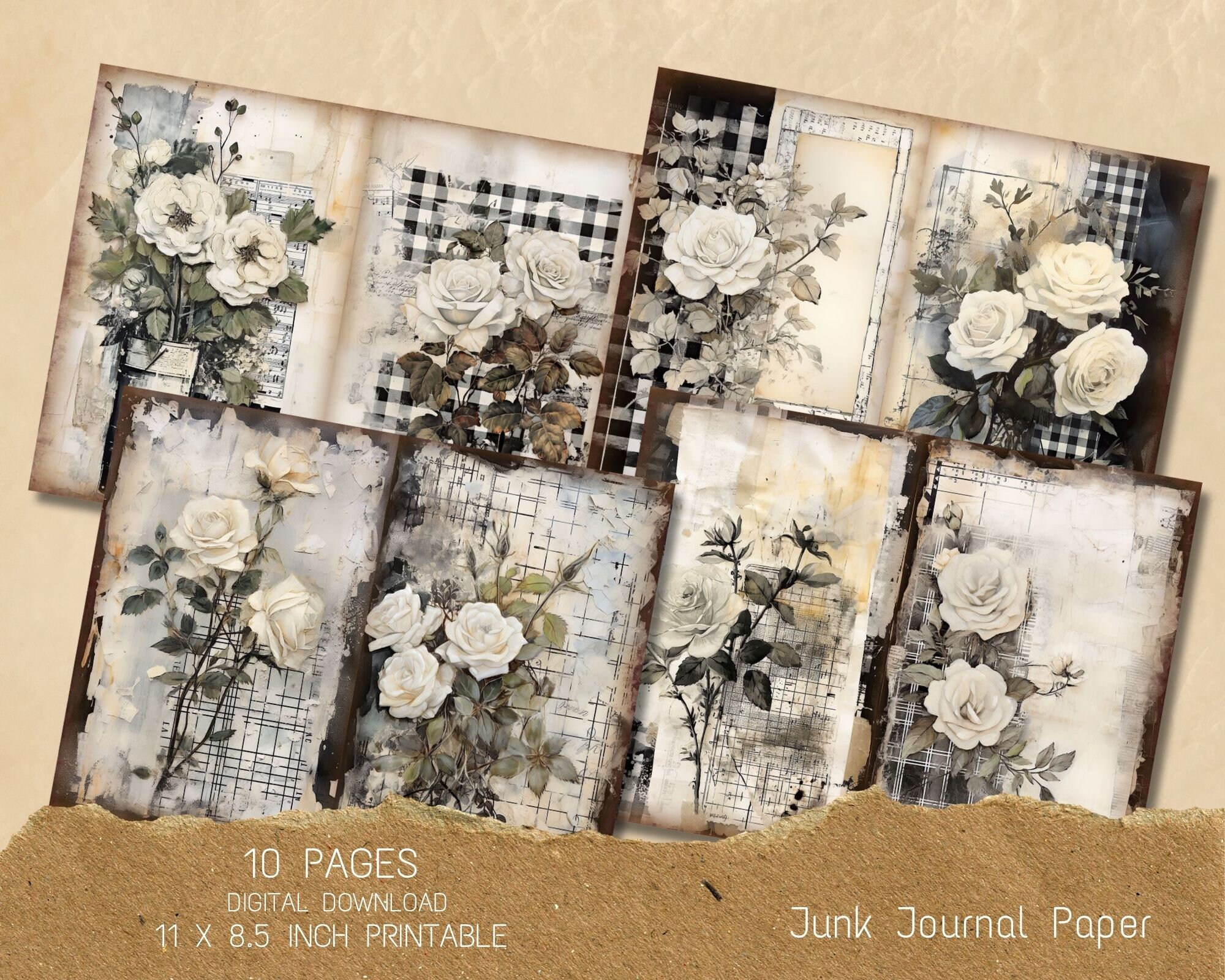Black and White Roses Junk Journal Pages, Vintage Rose Digital ...