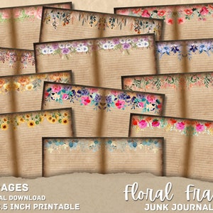 Diario basura con marco floral, páginas de libros digitales, efímeras botánicas antiguas, cartas manuscritas antiguas para imprimir, diario basura con jardín de flores