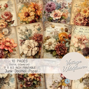 Vintage Wildblumen Junk Journal Seiten, bedruckbares Scrapbook Zubehör, Blumen Ephemera, Digitale Blumen Collage Sheet, Botanischer Garten Papier Kit