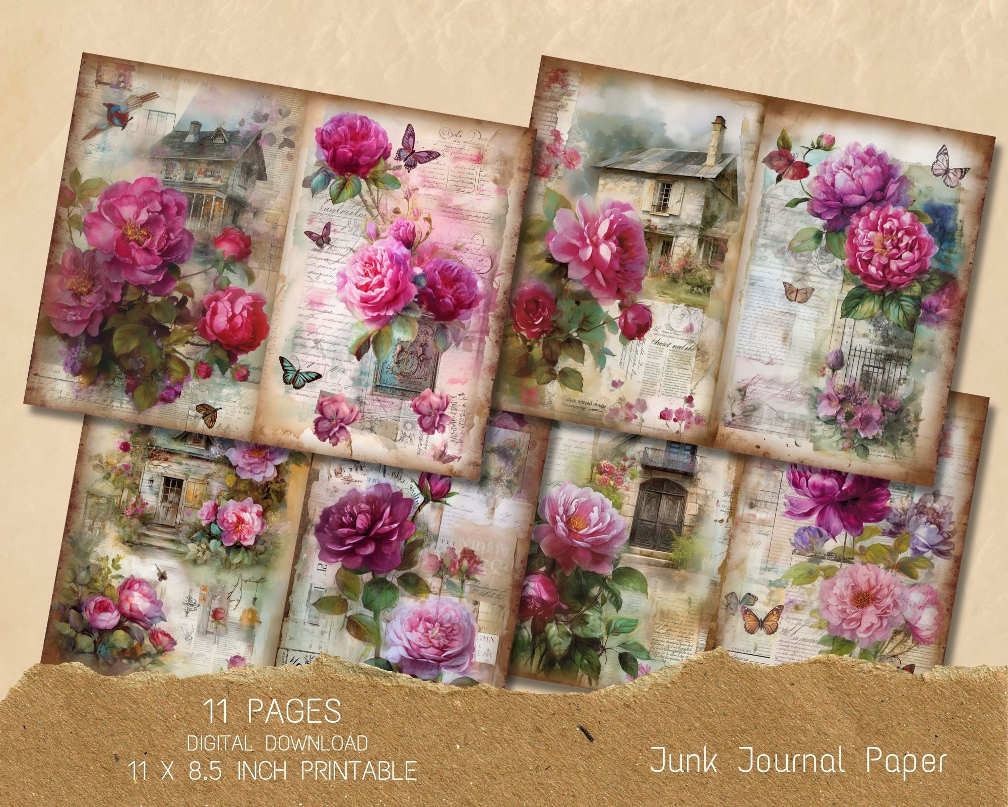 Vintage Cottage House Junk Journal Pages, Flower Junk Journal Kit, Junk ...
