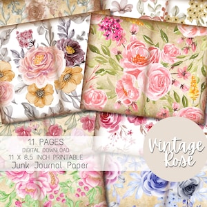 Diário de lixo rosa vintage, páginas de livros digitais, coisas efêmeras botânicas vintage, cartas manuscritas imprimíveis antigas, diário de lixo de flores
