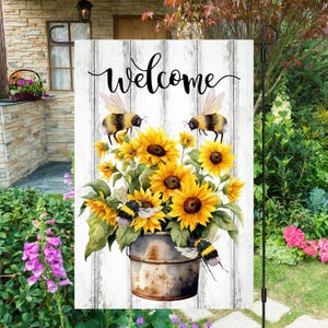 12x18 Garden Flag Sublimation Design, Sunflowers and Bee, Welcome, Digital Design, PNG