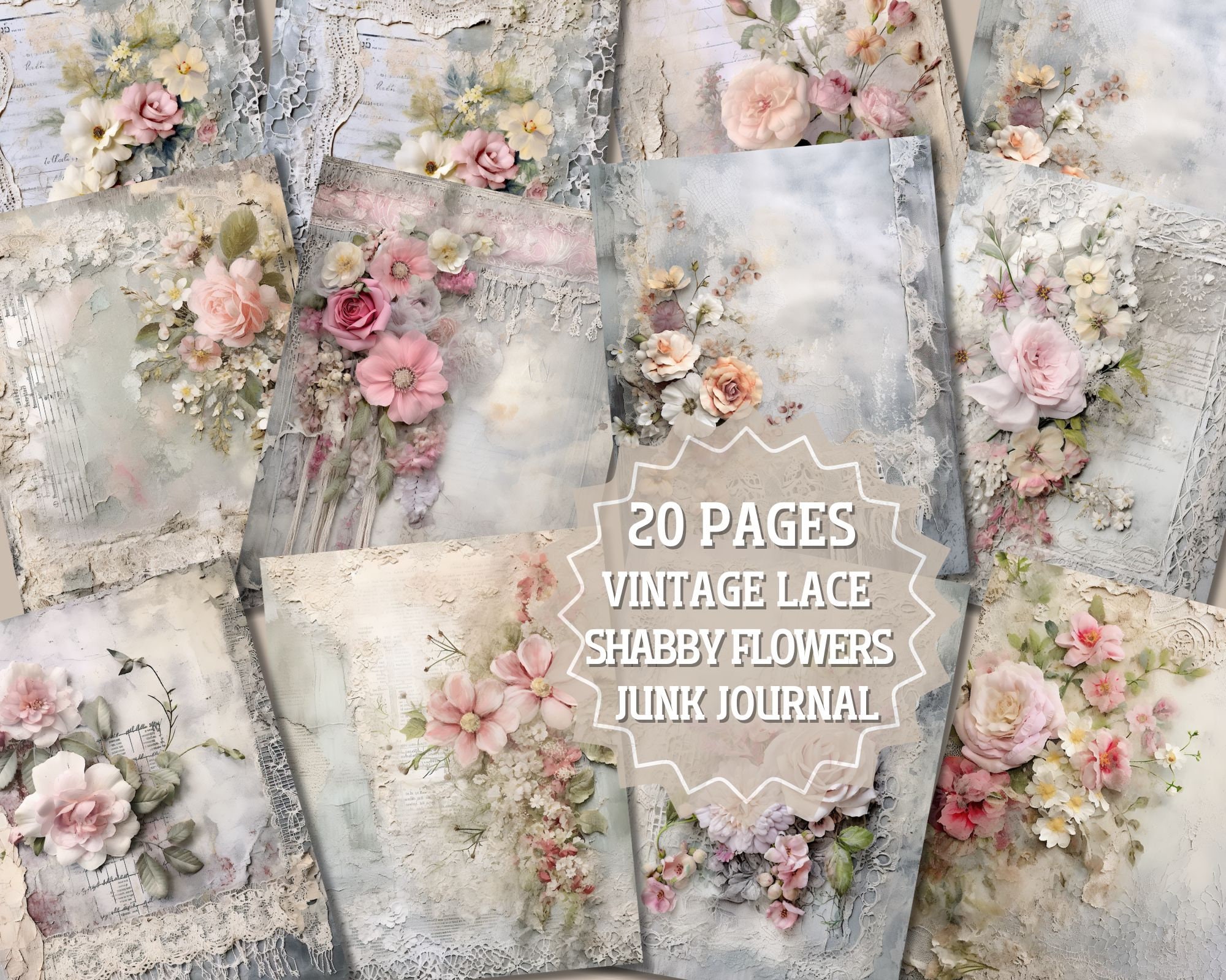 Vintage Lace and Shabby Chic Flowers Junk Journal Pages, Grey Floral ...