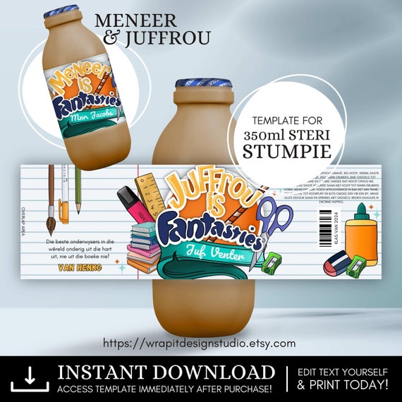 EDITABLE Teacher Appreciation Sticker Template for Flavoured Milk | Printable Thank You Card | Canva Template | Dankie Juffrou en Meneer