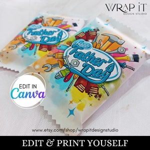 May include: Two printable candy bar wrappers with a Father's Day theme. The wrappers feature a colorful design with tools and the text "Happy Father's Day".