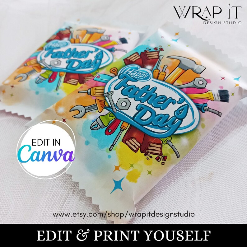 May include: Two printable candy bar wrappers with a Father's Day theme. The wrappers feature a colorful design with tools and the text "Happy Father's Day".
