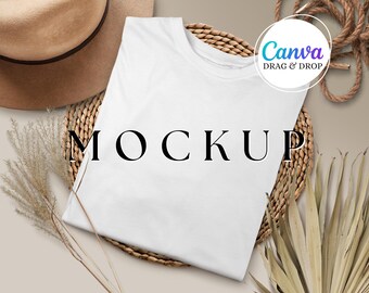 White Tshirt Mockup Blank Tshirt Mockup Canva Drag And Drop Mockup Template Editable Woman Tee Mockup Folded Flatlay Tshirt Gildan 5000 Boho