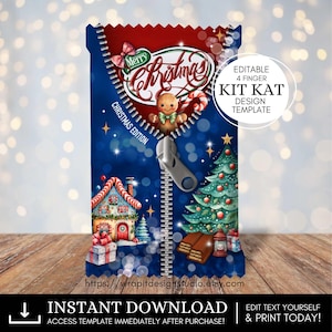 Könnte beinhalten: Editierbare 4-Finger-Kit-Kat-Verpackungsvorlage mit Weihnachtsmotiv. Das Design zeigt einen blauen Hintergrund mit einem Reißverschluss, einem Lebkuchenmann, einem Weihnachtsbaum und einem Lebkuchenhaus. Der Text "Frohe Weihnachten" ist in Rot und Weiß auf rotem Hintergrund geschrieben.