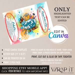 May include: Printable Father's Day card template featuring a colorful illustration of tools and the text "Happy Father's Day". The template is designed to be edited in Canva and printed on 8.5 x 11 inch paper.