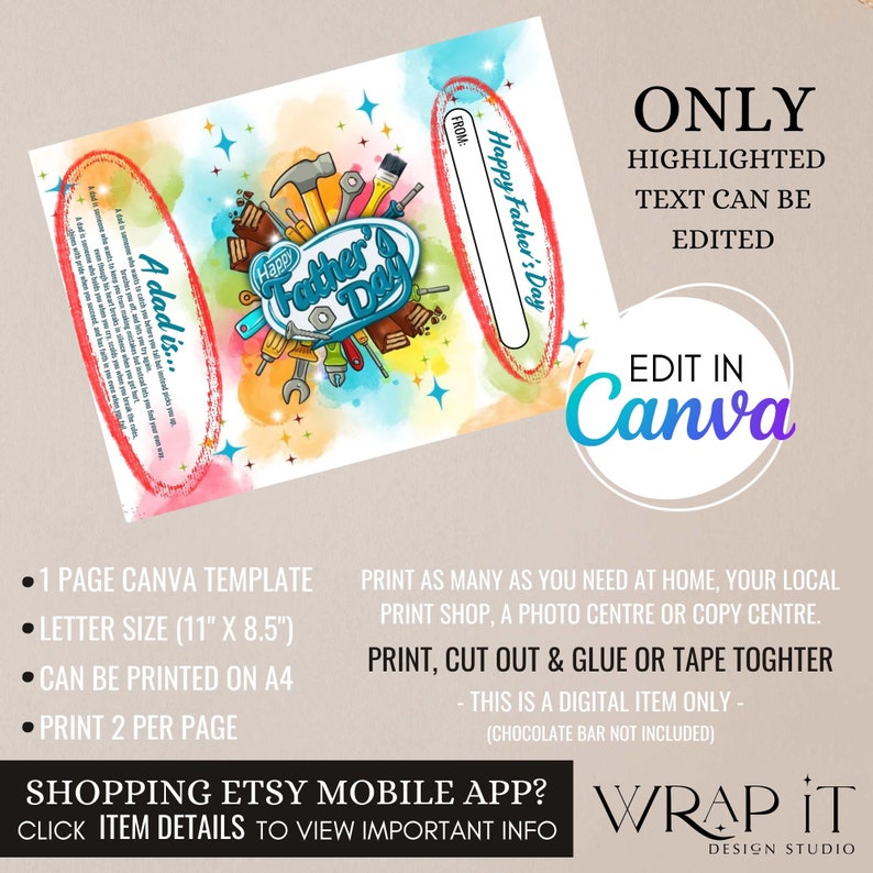 May include: Printable Father's Day card template featuring a colorful illustration of tools and the text "Happy Father's Day". The template is designed to be edited in Canva and printed on 8.5 x 11 inch paper.