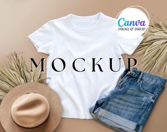White Tshirt Mockup Blank T-shirt Mockup Canva Drag And Drop Mockup Template Editable Woman Tee Mockup White Flatlay Tshirt Gildan 5000 Boho