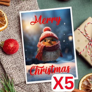 Pacote de 5 lindos cartões de Natal Robin Robin Natal Robin usando cachecol e chapéu Cartão de Natal fofo para família Cartão de Natal engraçado V1