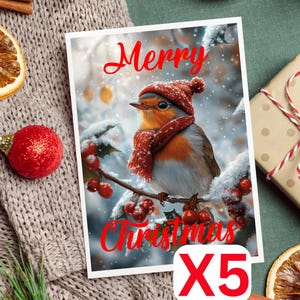 Pacote de 5 lindos cartões de Natal Robin Winter Robin Christmas Robin usando cachecol e chapéu Cartão de Natal fofo Cartão de Natal engraçado V3