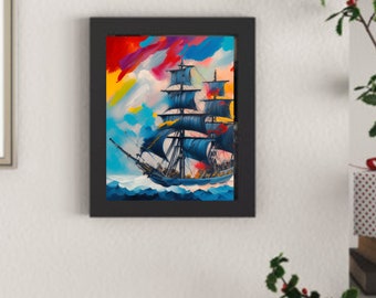An original abstract oil paint style pirate ship sailing on the sea digital print. Makes for a great piece of art or an amazing gift idea.