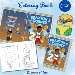 Pu&ograve; includere: Un libro da colorare con 12 pagine di divertimento. La copertina presenta un bambino con un cappello di compleanno e le parole "Braxton's Corner". Il libro include un'attivit&agrave; di unisci i puntini e una pagina da colorare.