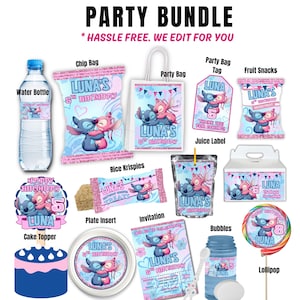 May include: A party bundle featuring various items with a blue and pink theme. Includes a water bottle, chip bag, party bag, party bag tag, fruit snacks, cake topper, rice krispies, plate insert, invitation, juice label, bubbles, and a lollipop. The text "LUNA'S 5TH BIRTHDAY" is visible.