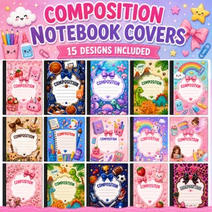 May include: A digital display featuring 15 distinct composition notebook covers with various themes including sports, sea life, dinosaurs, rainbows, unicorns, and school supplies, all arranged in a grid with the text Composition Notebook Covers.