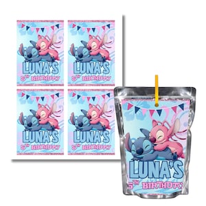 May include: A set of party favors featuring the characters Stitch and Angel from Lilo & Stitch. The design includes a blue and pink color scheme with the text "LUNA'S 5th BIRTHDAY". The image includes juice pouches and matching labels.