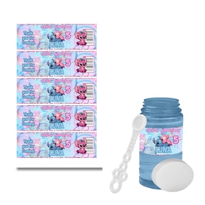 May include: A blue bubble bottle with a white wand and a white lid, next to a stack of matching labels. The labels and bottle feature cartoon characters and the text "Happy Birthday Luna 5".