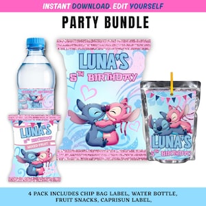 May include: A party bundle with a water bottle, chip bag, and Capri Sun label, in pink and blue. The design includes the text "LUNA'S 5TH BIRTHDAY" and cartoon characters. The words "PARTY BUNDLE" are at the top of the image.