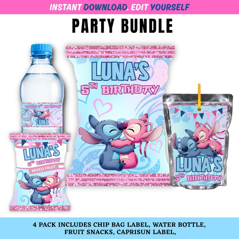 May include: A party bundle with a water bottle, chip bag, and Capri Sun label, in pink and blue. The design includes the text "LUNA'S 5TH BIRTHDAY" and cartoon characters. The words "PARTY BUNDLE" are at the top of the image.