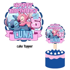 May include: A cake topper featuring the characters Stitch and Angel, with the text "Happy Birthday Luna 5". The design includes a blue and pink color scheme, with a butterfly and heart accents. The cake topper is designed to be placed on top of a cake.