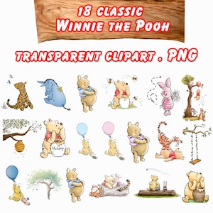 Klassisk Nalle Puh PNG Clipart-paket, utskrivbar, pojkefödelsedag direkt digital nedladdning, vintage Puh babyshower