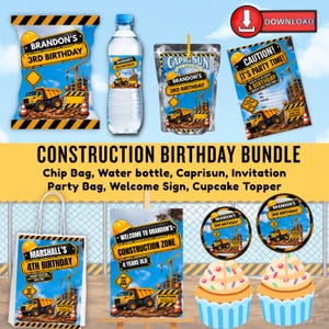 May include: A construction-themed birthday party bundle featuring a chip bag, water bottle, Capri Sun pouch, invitation, party bag, welcome sign, and cupcake toppers. All items display yellow hard hats, dump trucks, and caution signage.