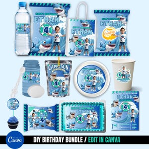 Paquete de fiesta de cumpleaños de tiburón: Invitación y decoraciones editables (descarga digital)