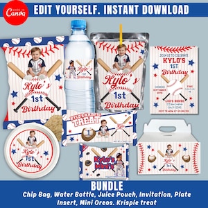 May include: A bundle of baseball-themed party supplies, including a chip bag, water bottle, juice pouch, invitation, plate, insert, mini Oreos, and a Krispie treat. Each item features a baseball design with the text "Kylo's 1st Birthday".
