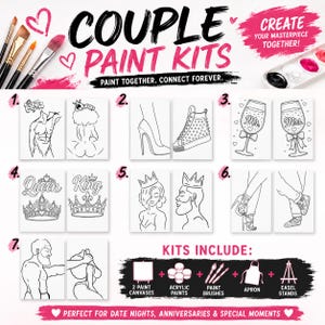 Könnte beinhalten: Ein Set von Paar-Malsets mit sieben Paaren von Strichzeichnungen auf Leinwänden. Die Sets enthalten zwei Leinwände, Acrylfarben, Pinsel, eine Schürze und Staffeleien. Der Text lautet COUPLE PAINT KITS, CREATE YOUR MASTERPIECE TOGETHER, PAINT TOGETHER. CONNECT FOREVER und KITS INCLUDE.
