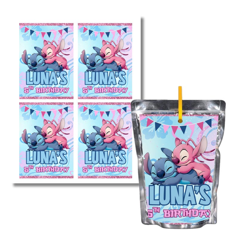 May include: Personalised juice pouches and labels with Stitch and Angel characters from Lilo & Stitch. The design includes the text "LUNA'S 5th BIRTHDAY" in a playful font, with a pink and blue colour scheme.