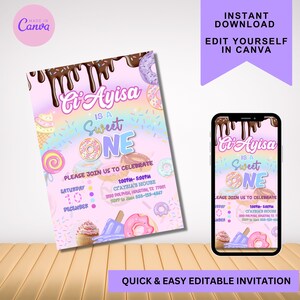 Puede incluir: Una invitación digital para una fiesta de primer cumpleaños. El diseño presenta un fondo rosa y morado con donas, helados y un arcoíris. El texto dice "Ci Ayisa is a Sweet One" e incluye detalles de la fiesta. Un teléfono muestra el mismo diseño.