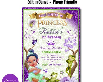 faire-part d'anniversaire princesse | Thème Tiana | Invitation numérique modifiable