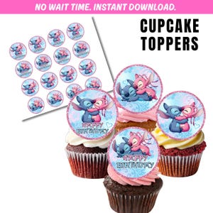 May include: Cupcake toppers featuring a blue and pink cartoon character hugging, with the words "Happy Birthday" on a blue background. The image includes cupcakes with the toppers and additional toppers on a white surface. The text "Cupcake Toppers" is in black.