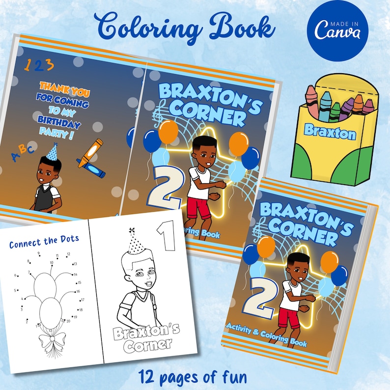 Pu&ograve; includere: Un libro da colorare con 12 pagine di divertimento. La copertina presenta un bambino con un cappello di compleanno e le parole "Braxton's Corner". Il libro include un'attivit&agrave; di unisci i puntini e una pagina da colorare.