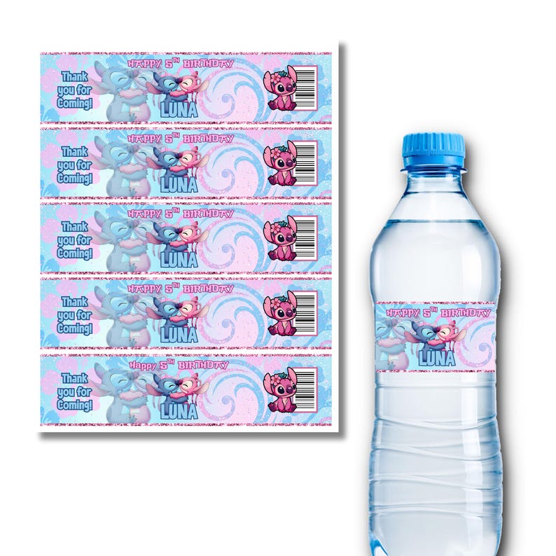 May include: A water bottle with a blue cap and a label featuring cartoon characters and the text "HAPPY 5TH BIRTHDAY LUNA". Beside it, a sheet of matching labels with the same design and text, including "Thank you for Coming!"