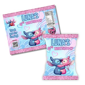 May include: Two party favor bags with a light blue background and pink glitter trim. The bags feature cartoon characters hugging, hearts, and the text "LUNA'S 5TH BIRTHDAY". One bag also has the text "Thank you for coming!" and a QR code.